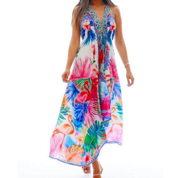 Ranees Women's Flaming Intricate Pattern Halter Neck Cover-Up Vacation Dress - Picture 1 of 16